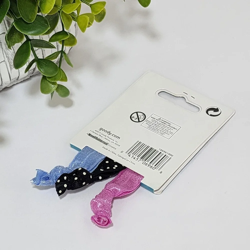 Goody Ouchless Ponytailers Ribbon Elastic Hair Tie 3 PCS Polka Black Blue Pink